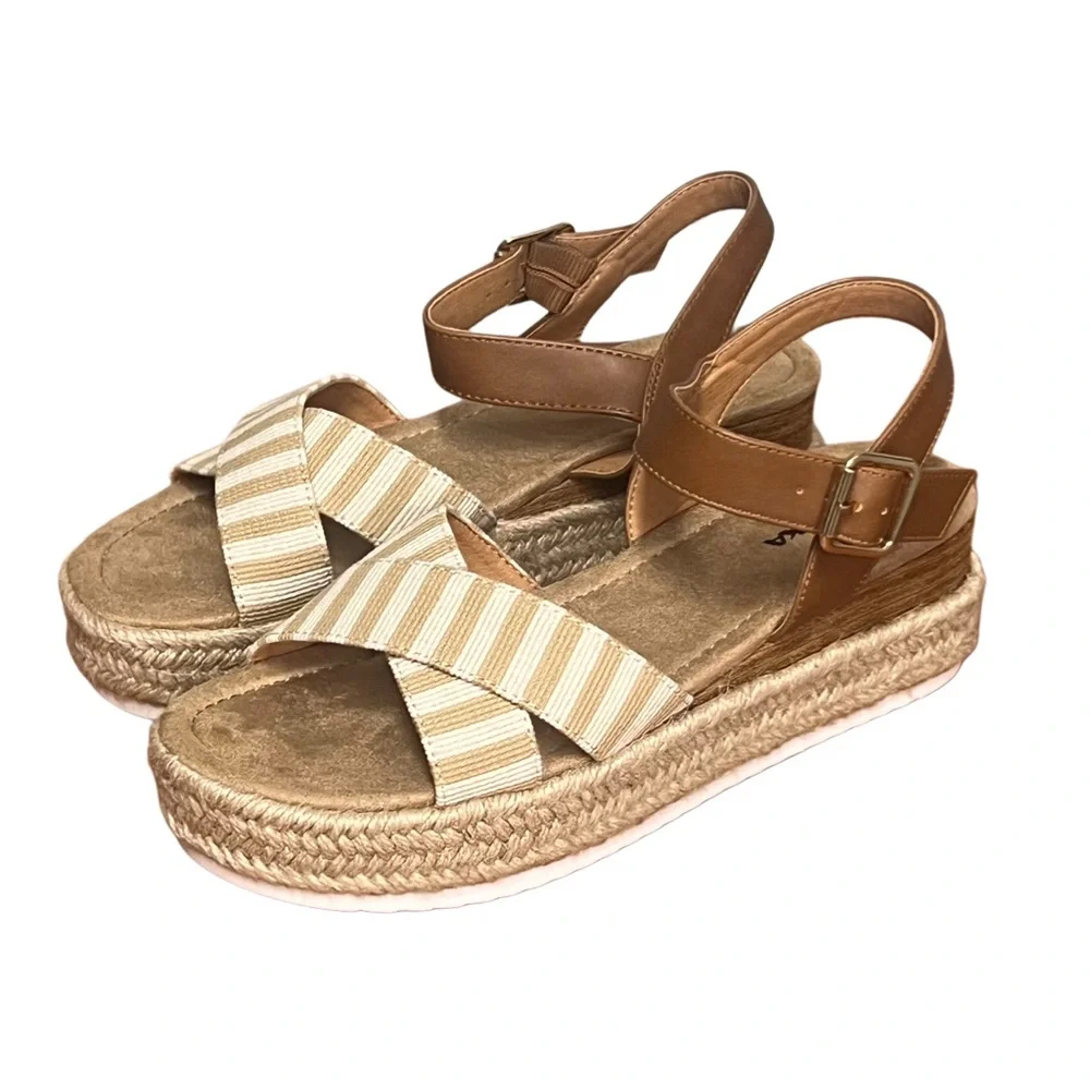 NWT Romika by Josef Seibel Madison Striped Espadrille Sandals Tan Straps